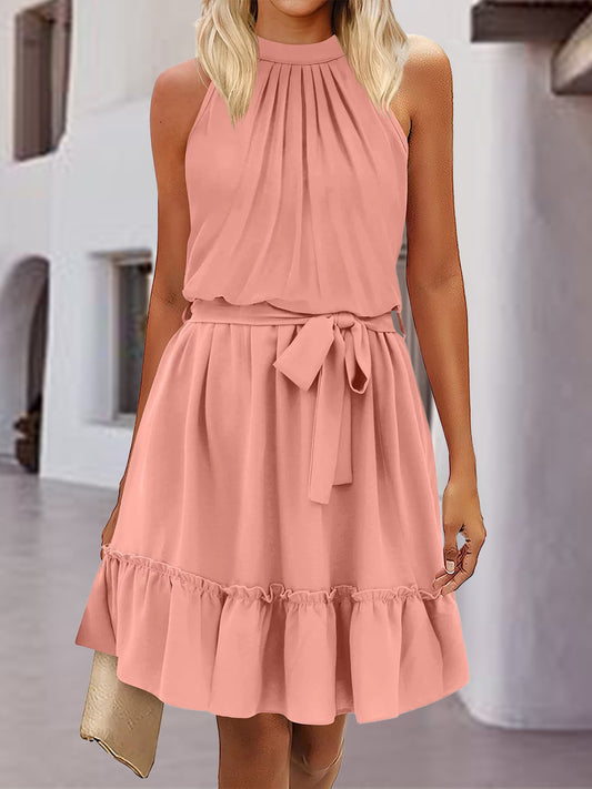 PREORDER- Frill Tied Mock Neck Sleeveless Dress