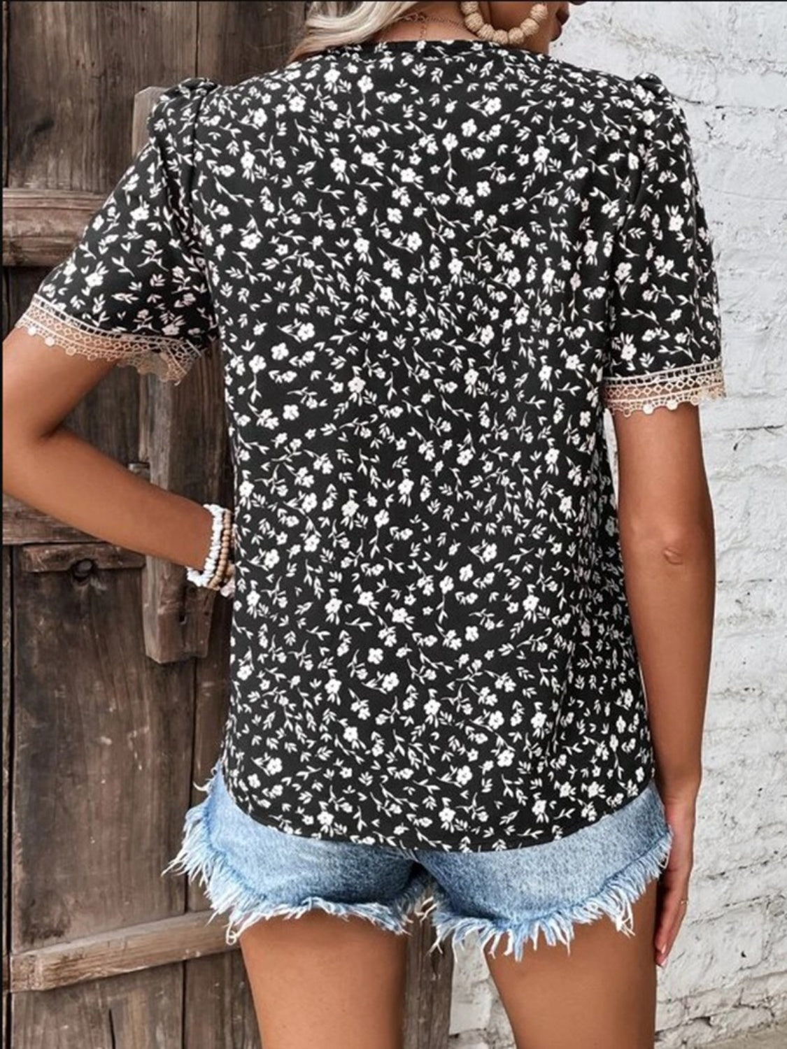 PREORDER- Full Size Printed V-Neck Short Sleeve Blouse