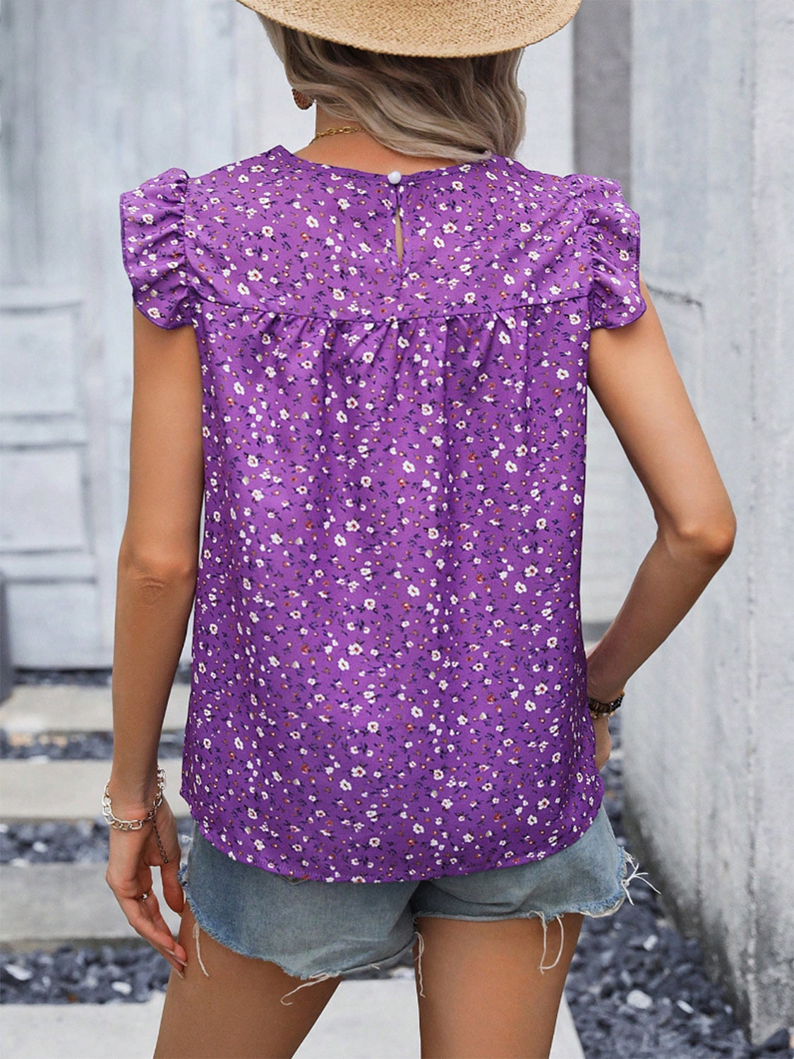 PREORDER- Ruffled Printed Round Neck Cap Sleeve Blouse