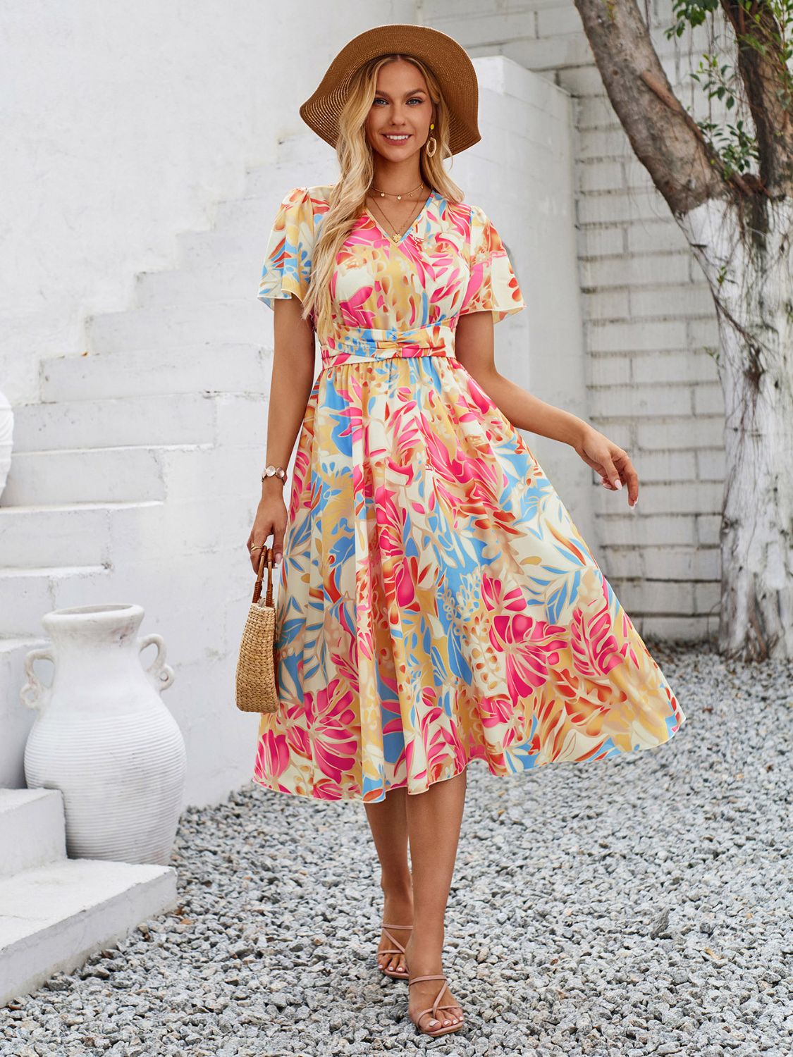 PREORDER- Printed V-Neck Short Sleeve Midi Dress