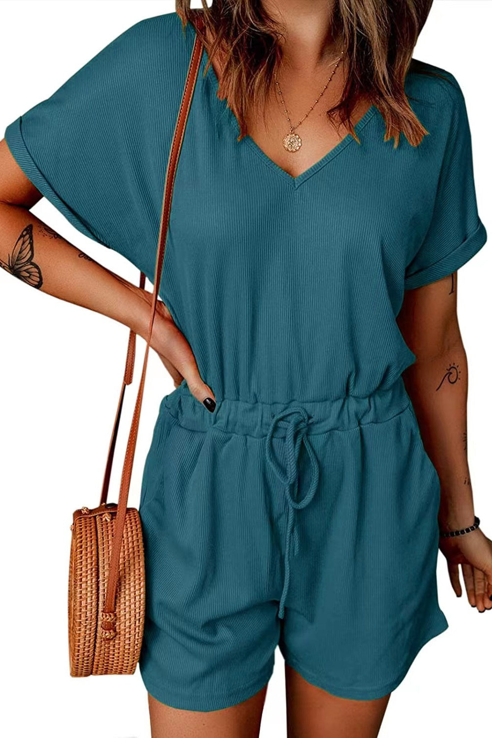 PREORDER- Full Size Drawstring V-Neck Short Sleeve Romper