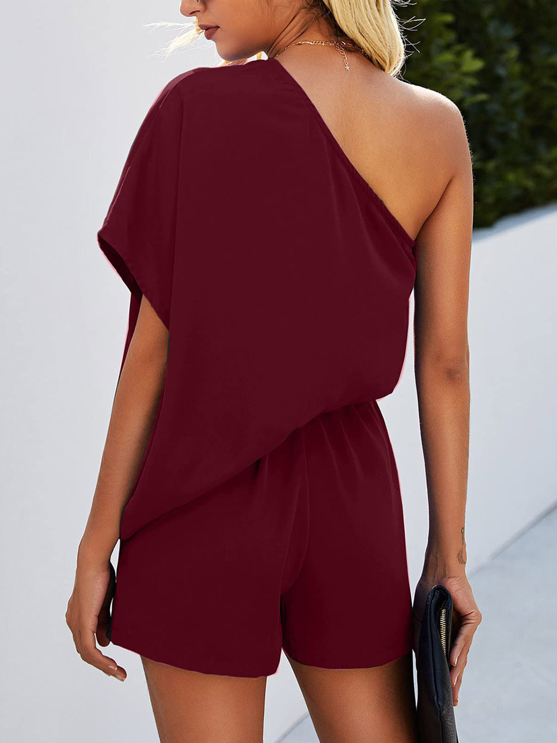 PREORDER- Single Shoulder Batwing Sleeve Romper