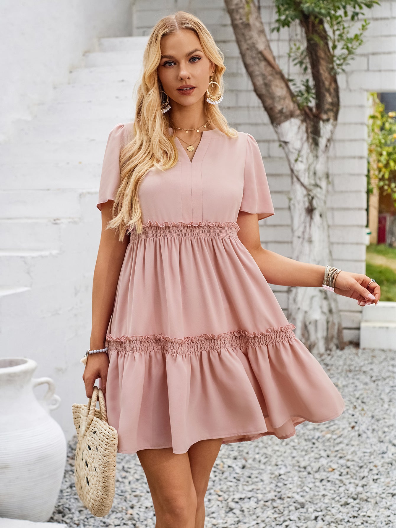 PREORDER- Frill Notched Short Sleeve Mini Dress