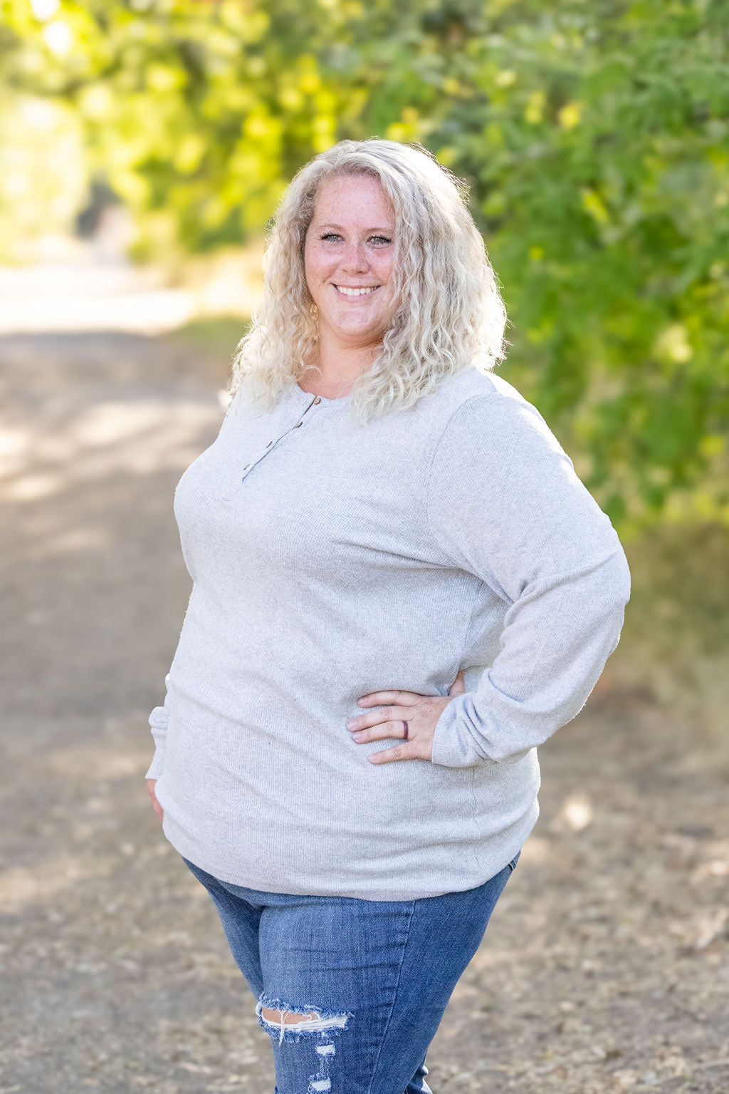 Michelle Mae Brielle Henley Ribbed Long Sleeve - Light Grey