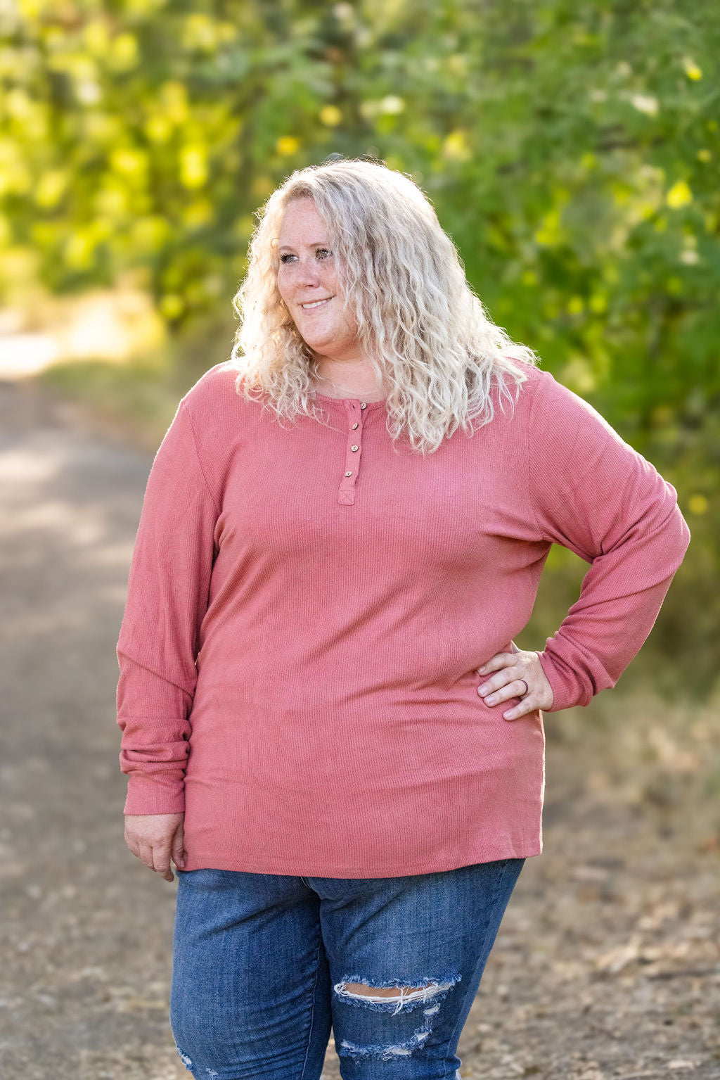 Michelle Mae Brielle Henley Ribbed Long Sleeve - Terra Cotta