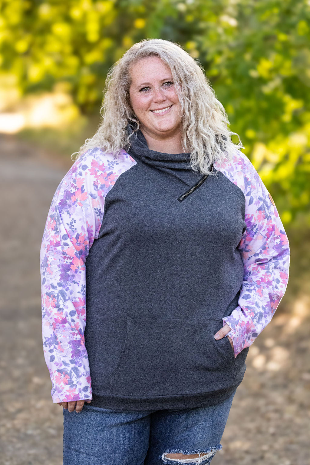 Michelle Mae Zoey ZipCowl - Charcoal and Floral Leaves