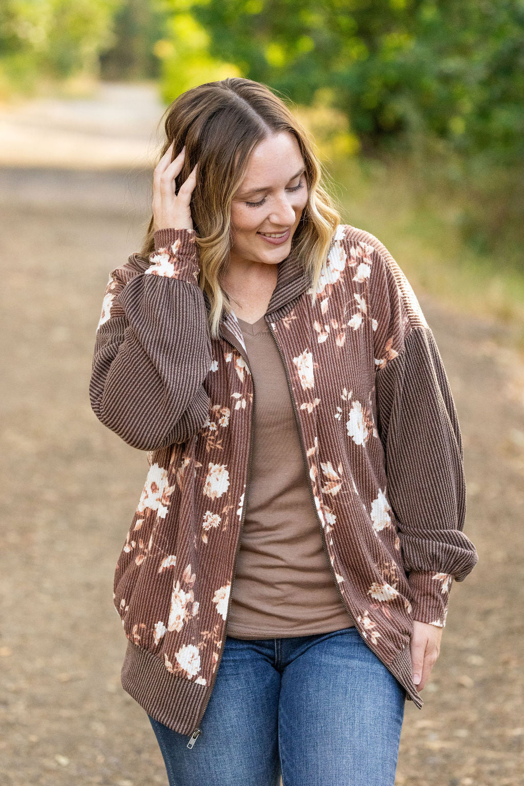 Michelle Mae Ramona Ribbed Floral Zip Up - Brown