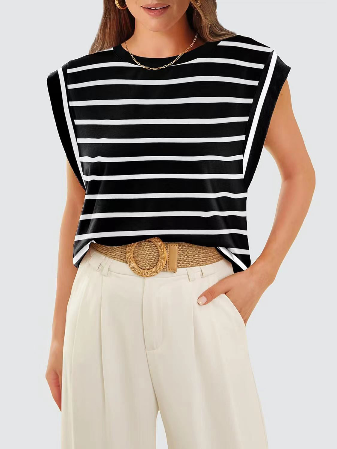 PREORDER- Striped Round Neck Cap Sleeve T-Shirt