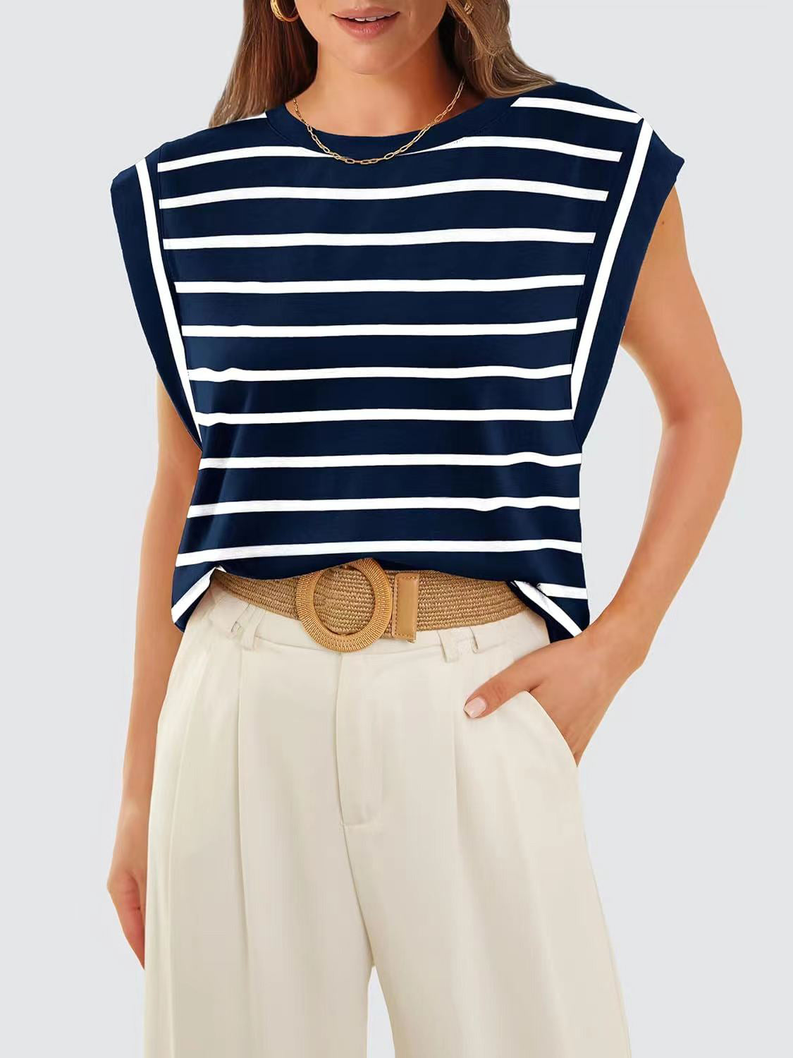 PREORDER- Striped Round Neck Cap Sleeve T-Shirt