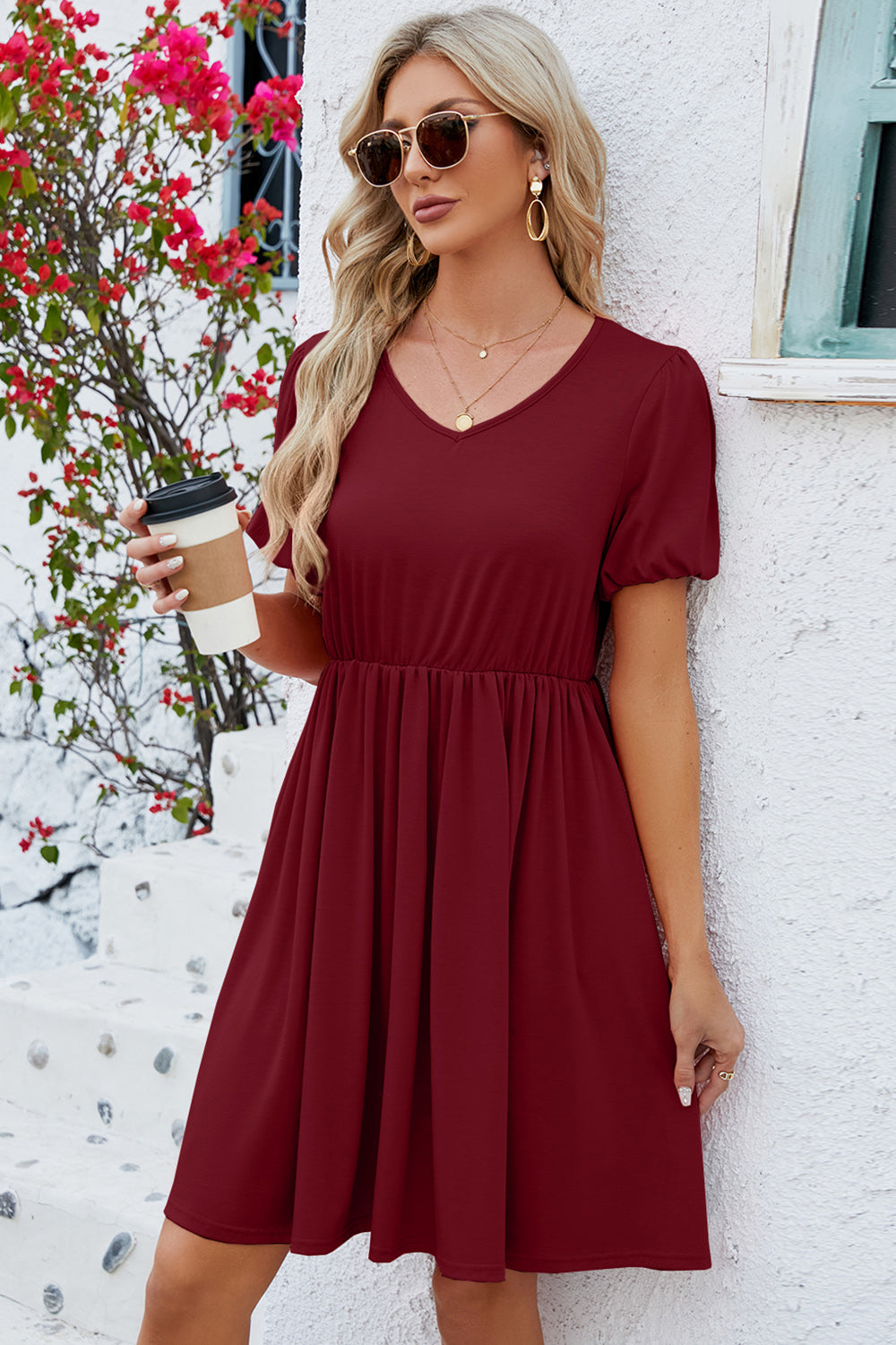 PREORDER- V-Neck Balloon Short Sleeve Dress