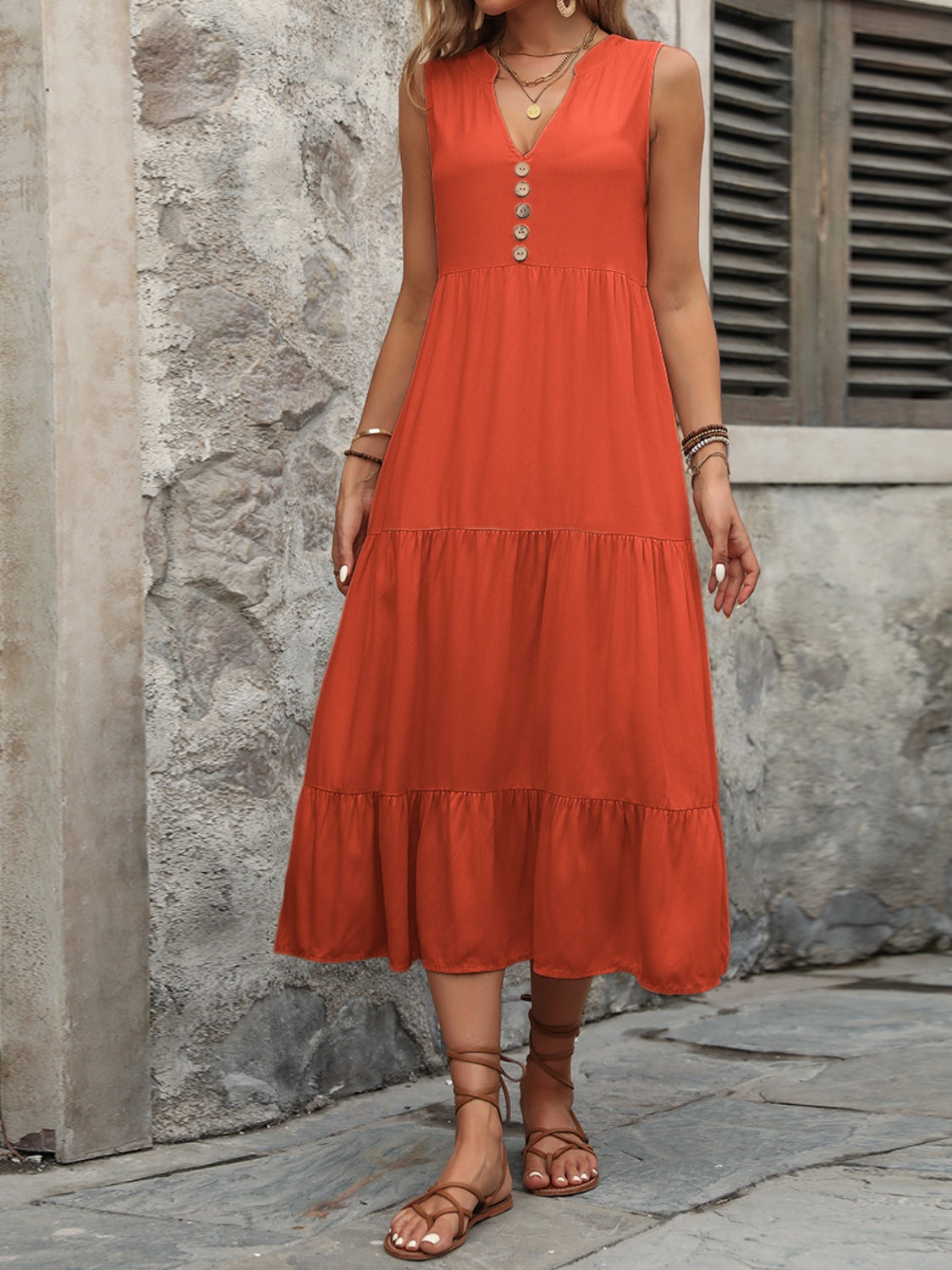 PREORDER- Decorative Button Notched Sleeveless Dress