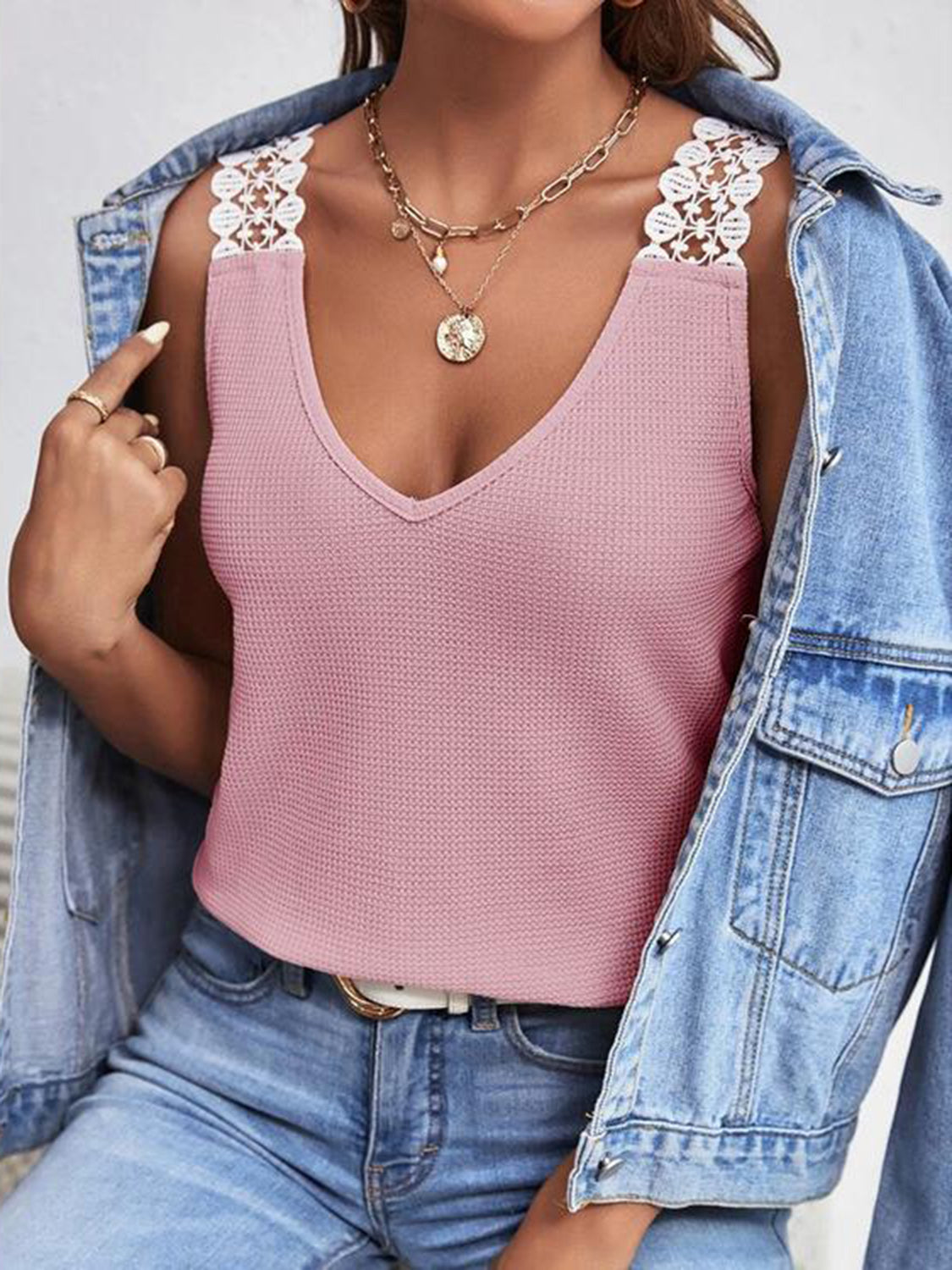 PREORDER- Full Size Lace Detail V-Neck Tank