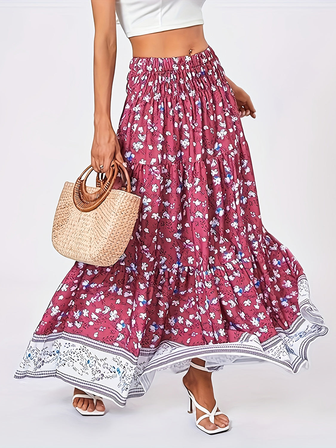 PREORDER- Full Size Tiered Printed Elastic Waist Skirt