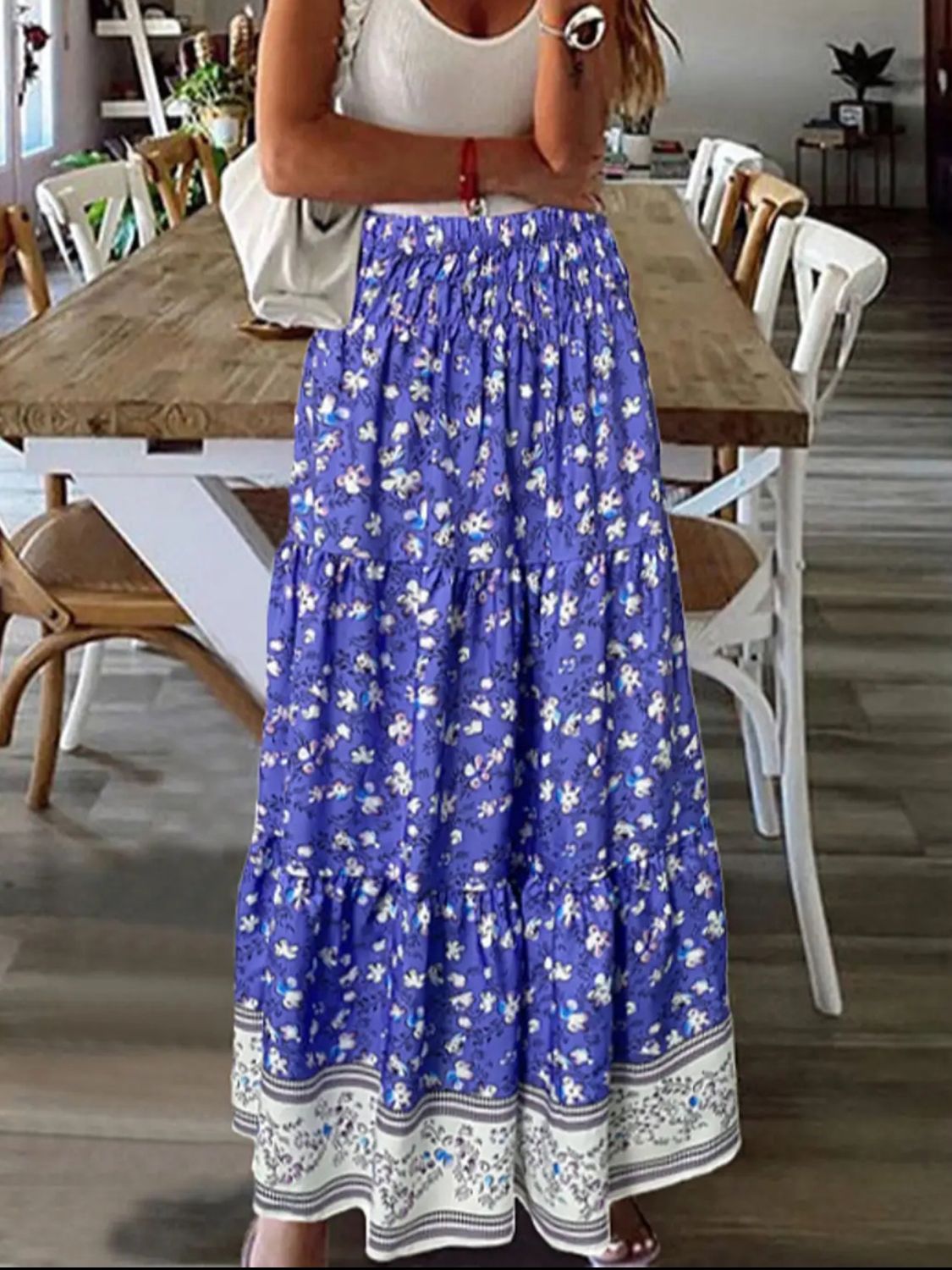 PREORDER- Full Size Tiered Printed Elastic Waist Skirt