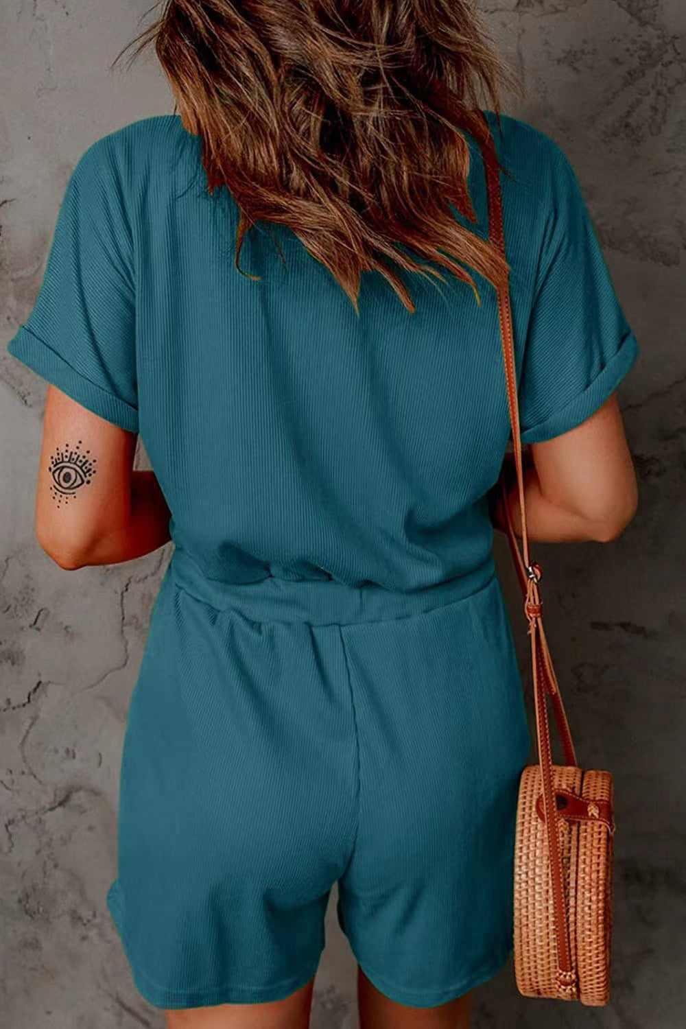 PREORDER- Full Size Drawstring V-Neck Short Sleeve Romper