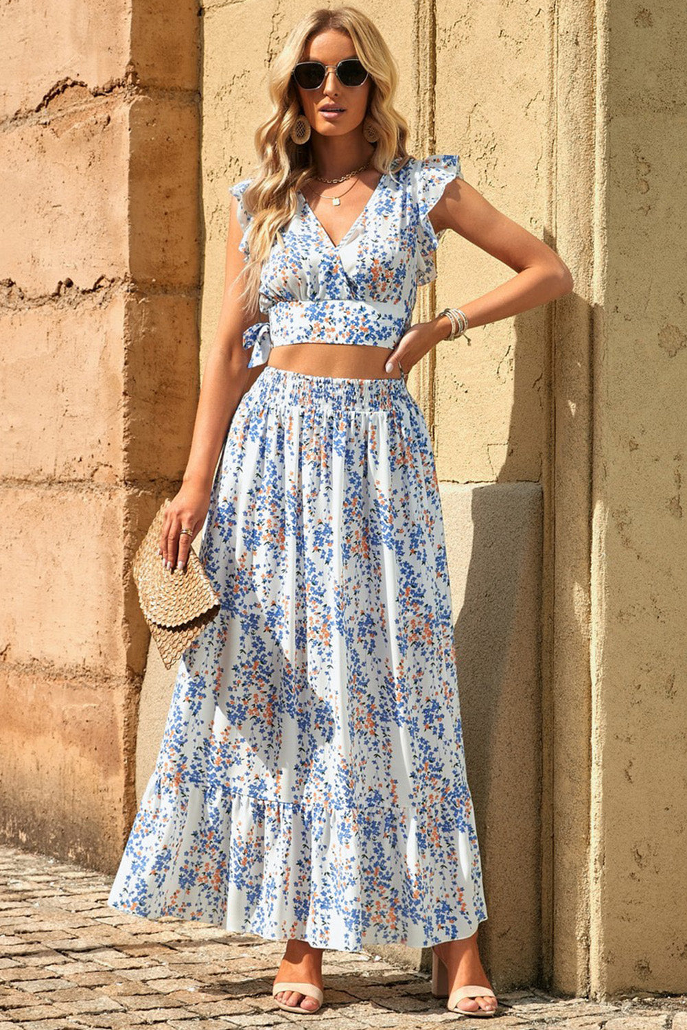 PREORDER- Printed Tie Back Cropped Top and Maxi Skirt Set