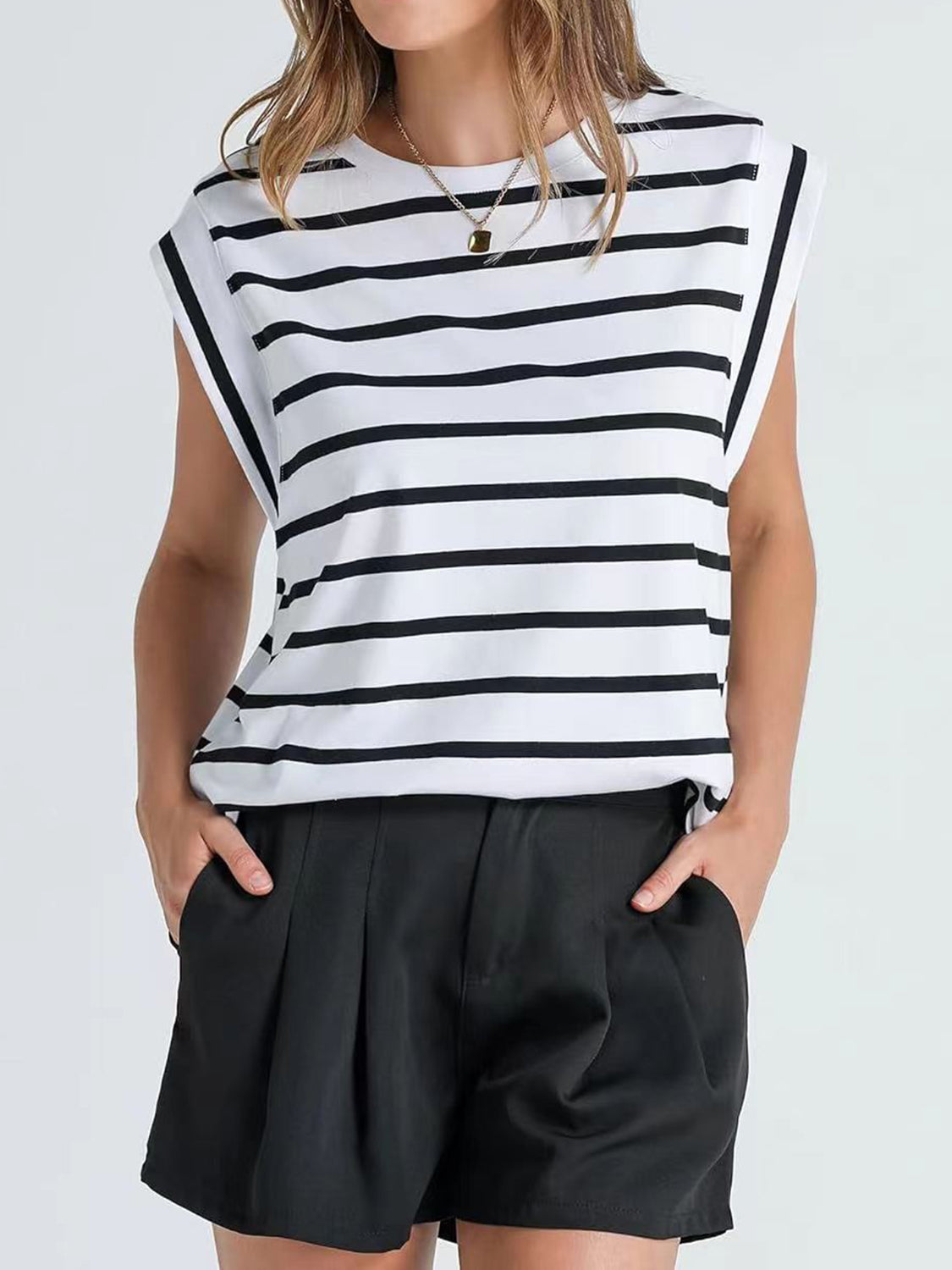 PREORDER- Striped Round Neck Cap Sleeve T-Shirt