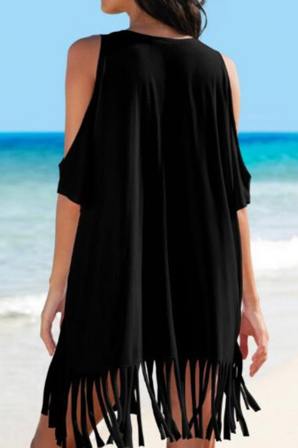 PREORDER- Fringe V-Neck Cold Shoulder Cover Up