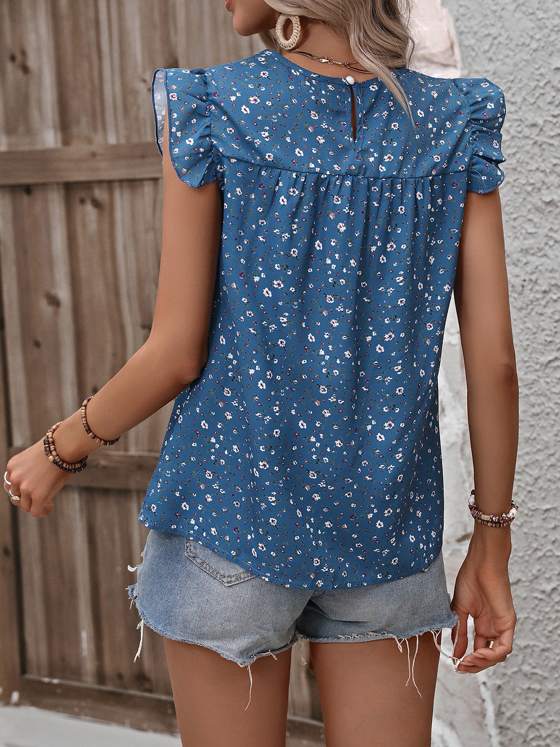 PREORDER- Ruffled Printed Round Neck Cap Sleeve Blouse