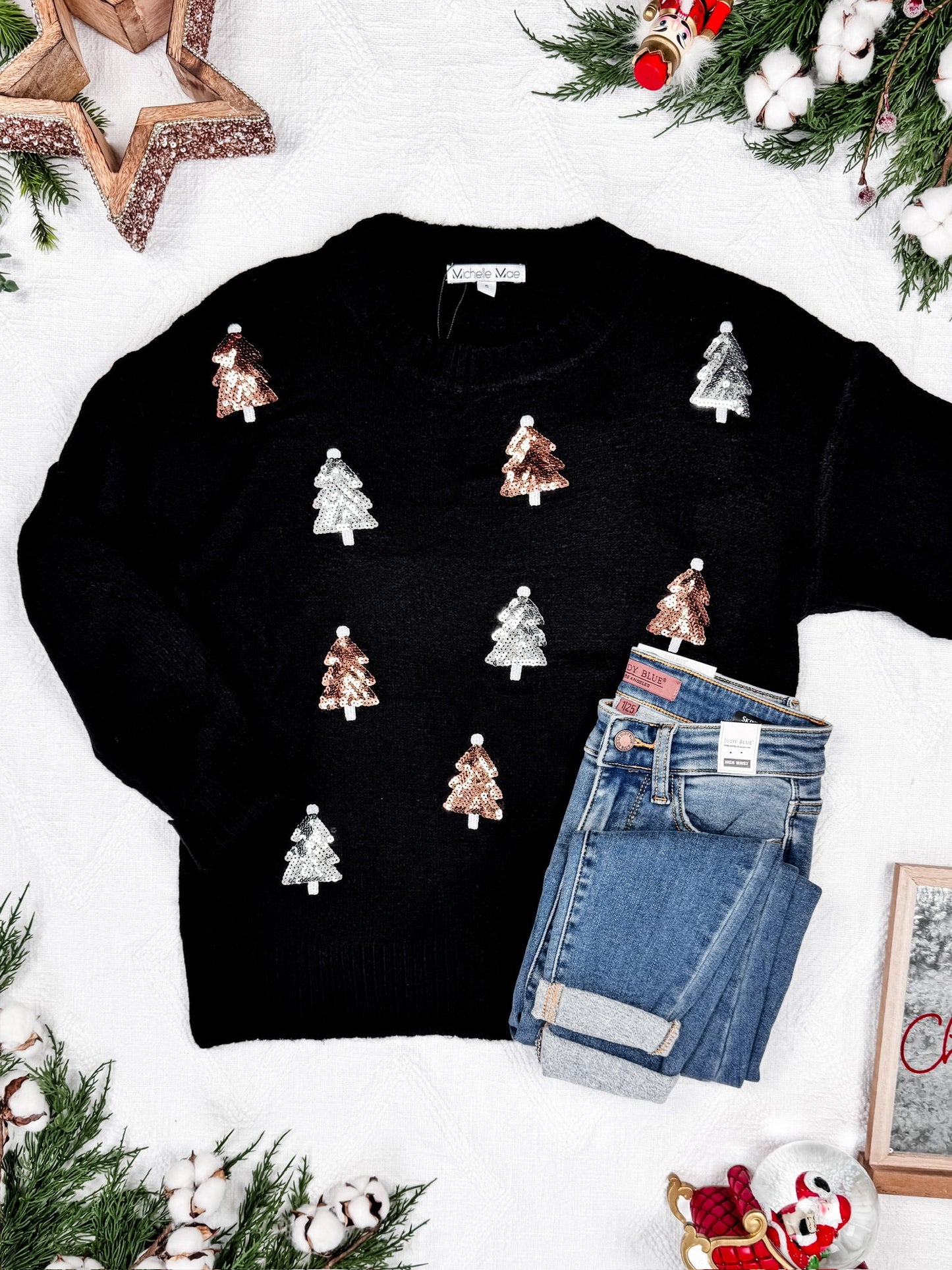 Michelle Mae Holly Jolly Sweater - Gold + Silver Trees