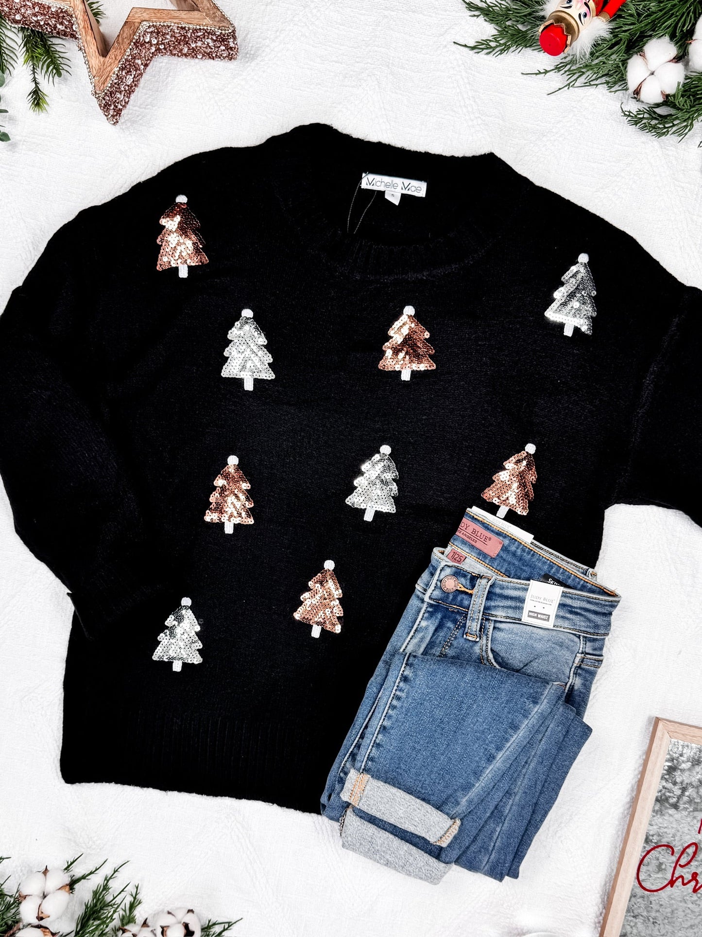 Michelle Mae Holly Jolly Sweater - Gold + Silver Trees