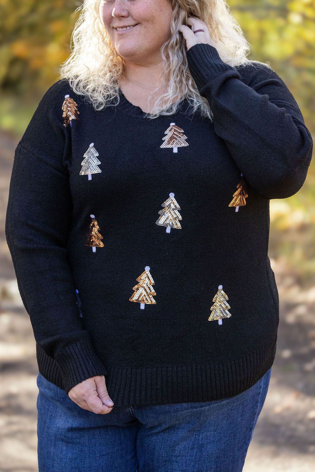 Michelle Mae Holly Jolly Sweater - Gold + Silver Trees