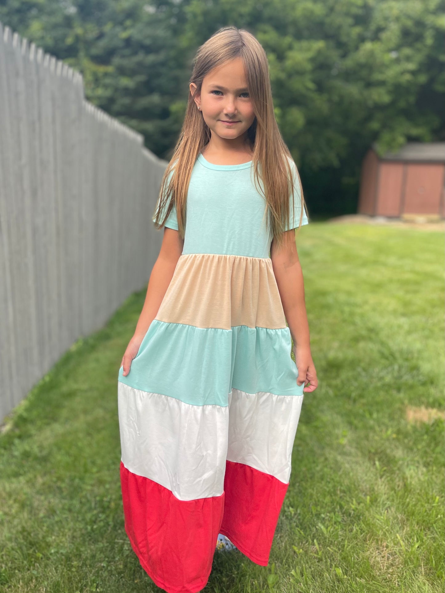 PREORDER- Girls Color Block Round Neck Maxi Dress