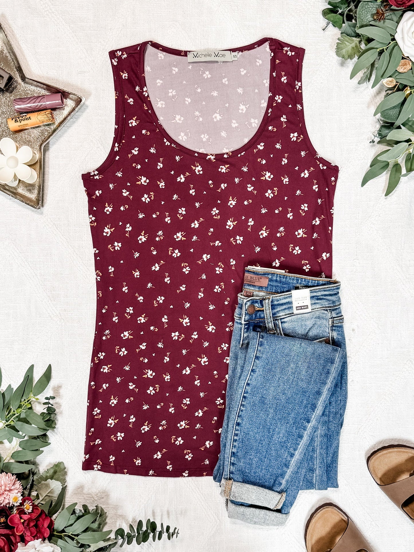 Michelle Mae Luxe Crew Tank - Micro Burgundy Floral