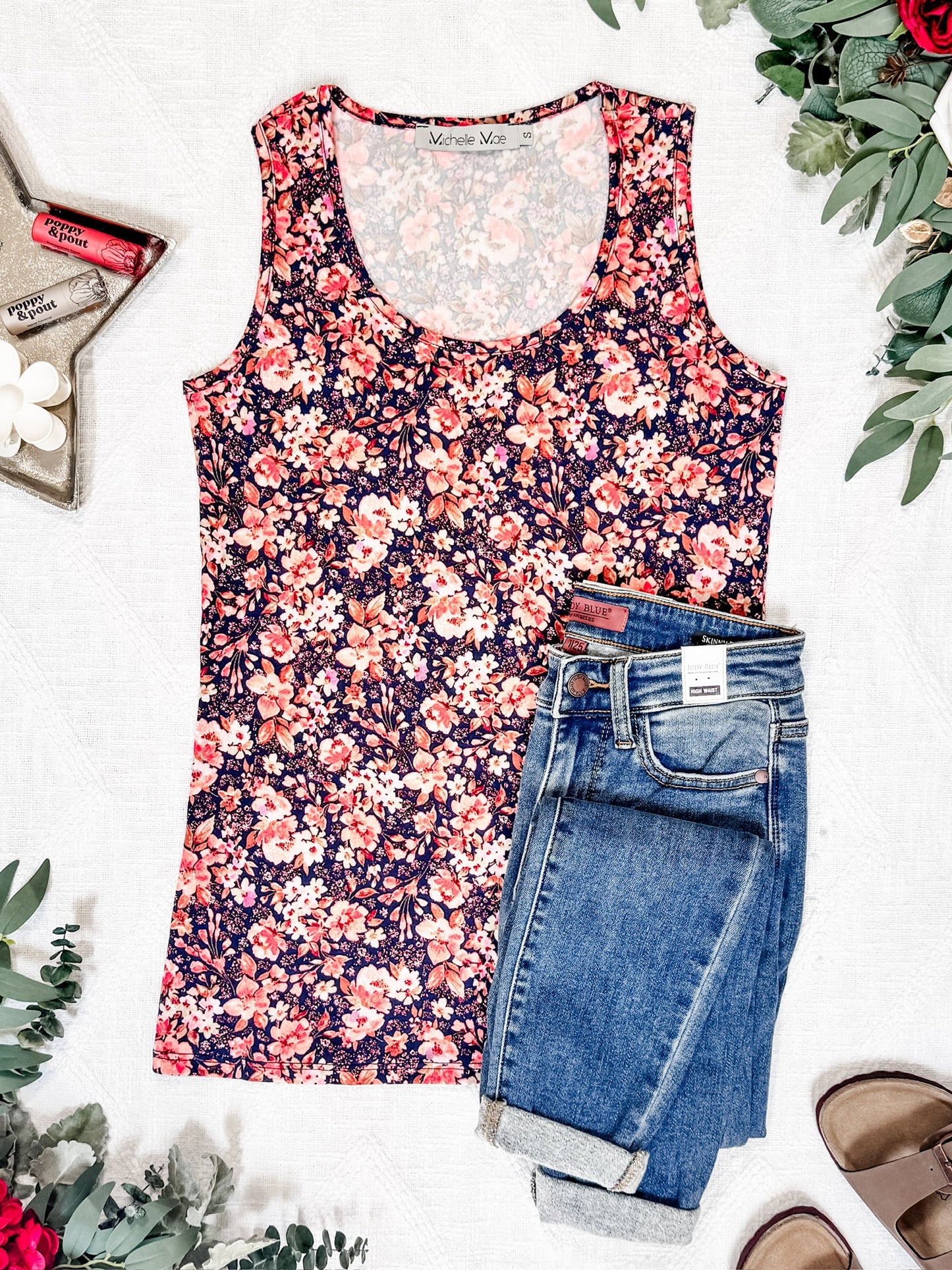 Michelle Mae Luxe Crew Tank - Navy Floral Mix