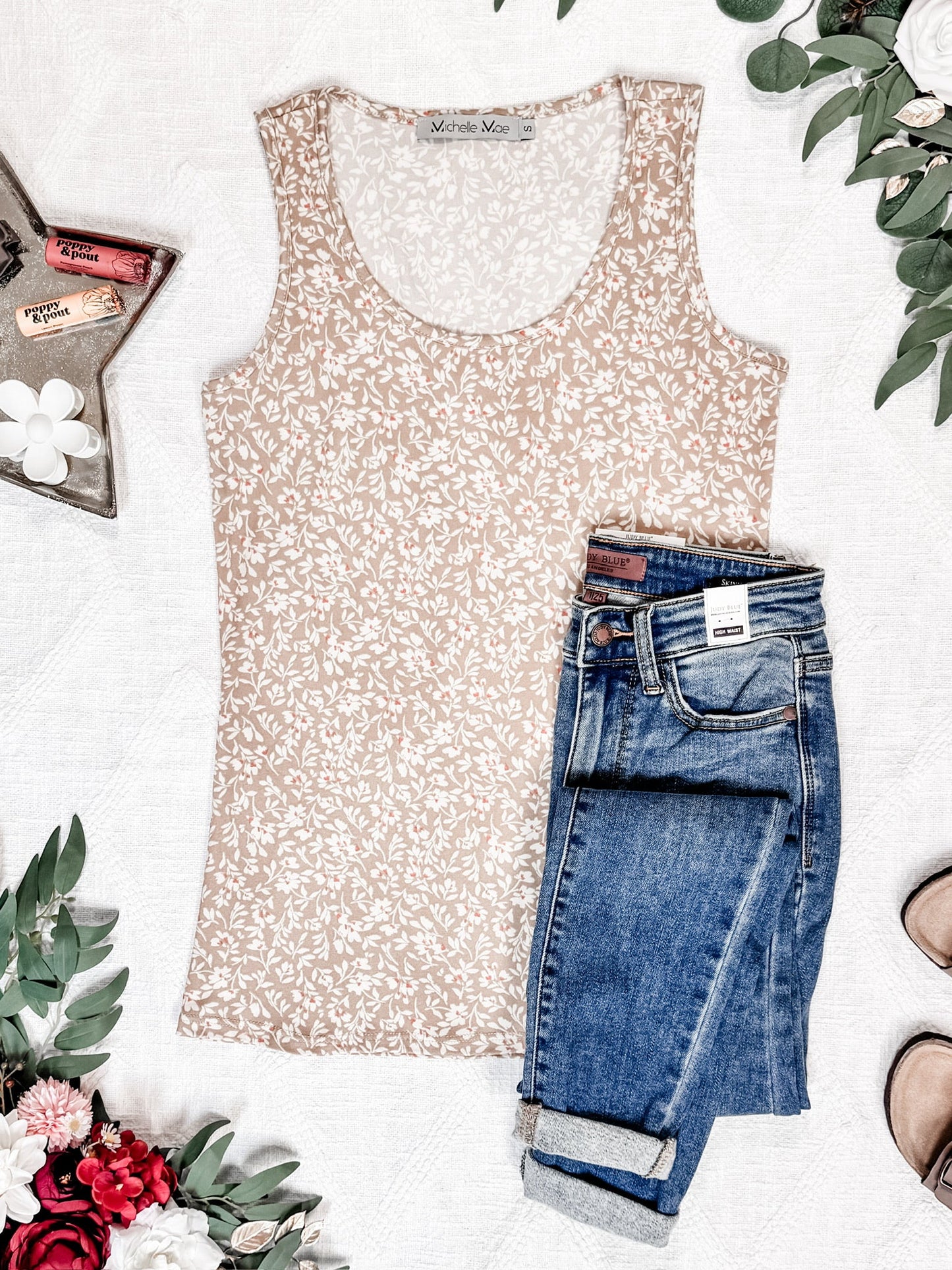 Michelle Mae Luxe Crew Tank - Tan Floral