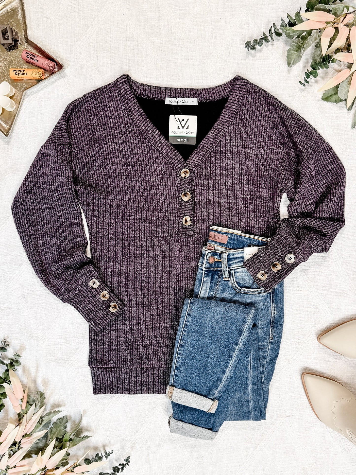 Michelle Mae Brittney Button Sweater - Purple