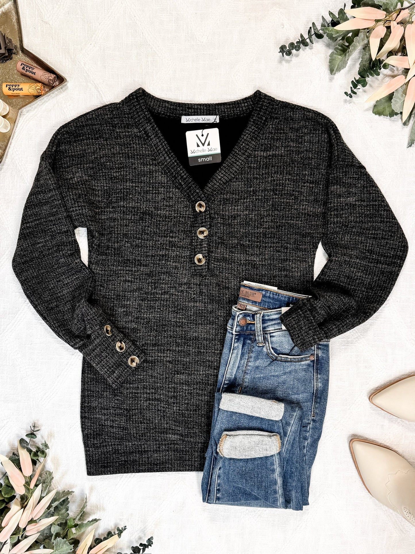 Michelle Mae Brittney Button Sweater - Charcoal