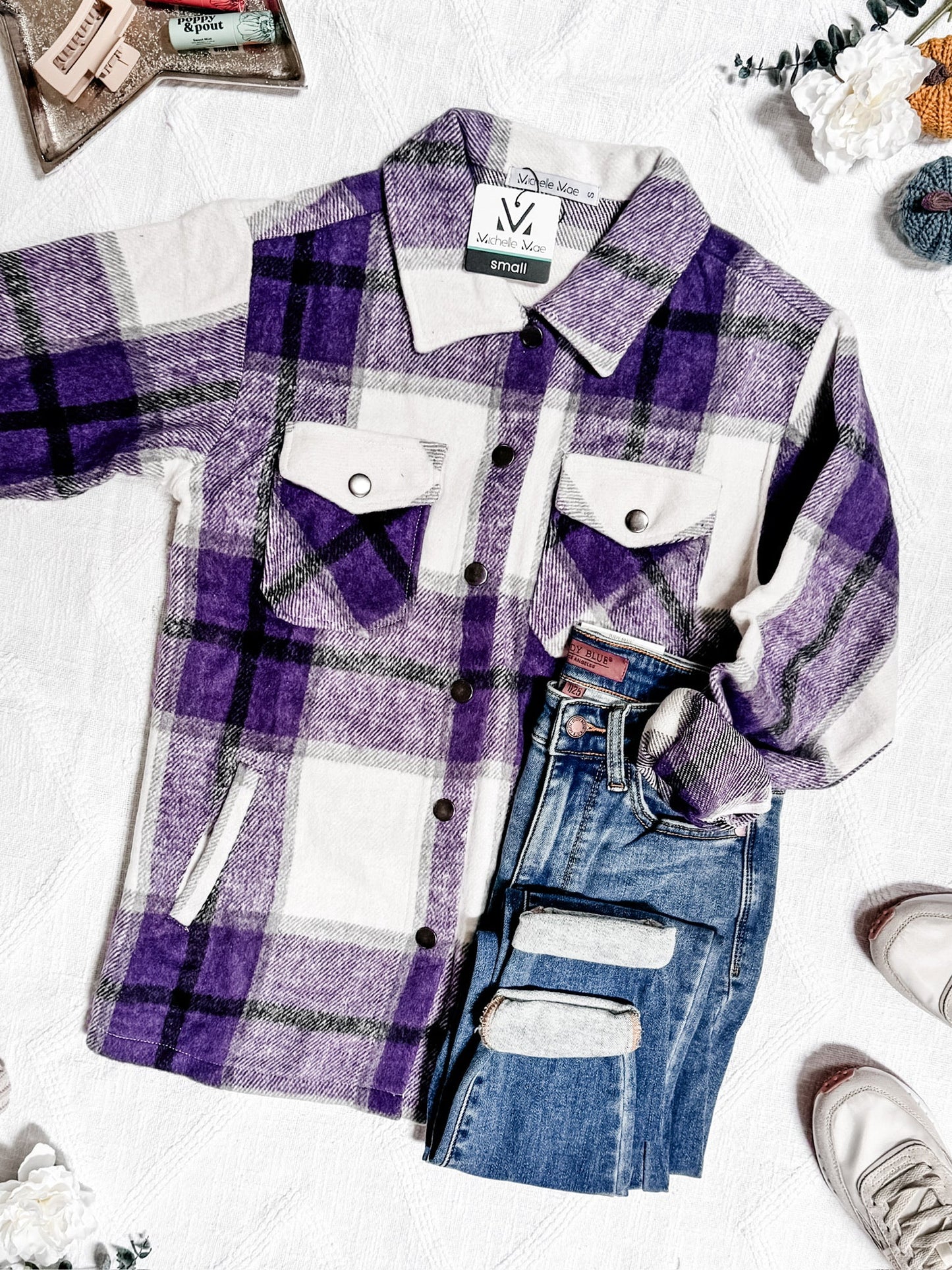 Michelle Mae Norah Plaid Shacket - Purple Mix