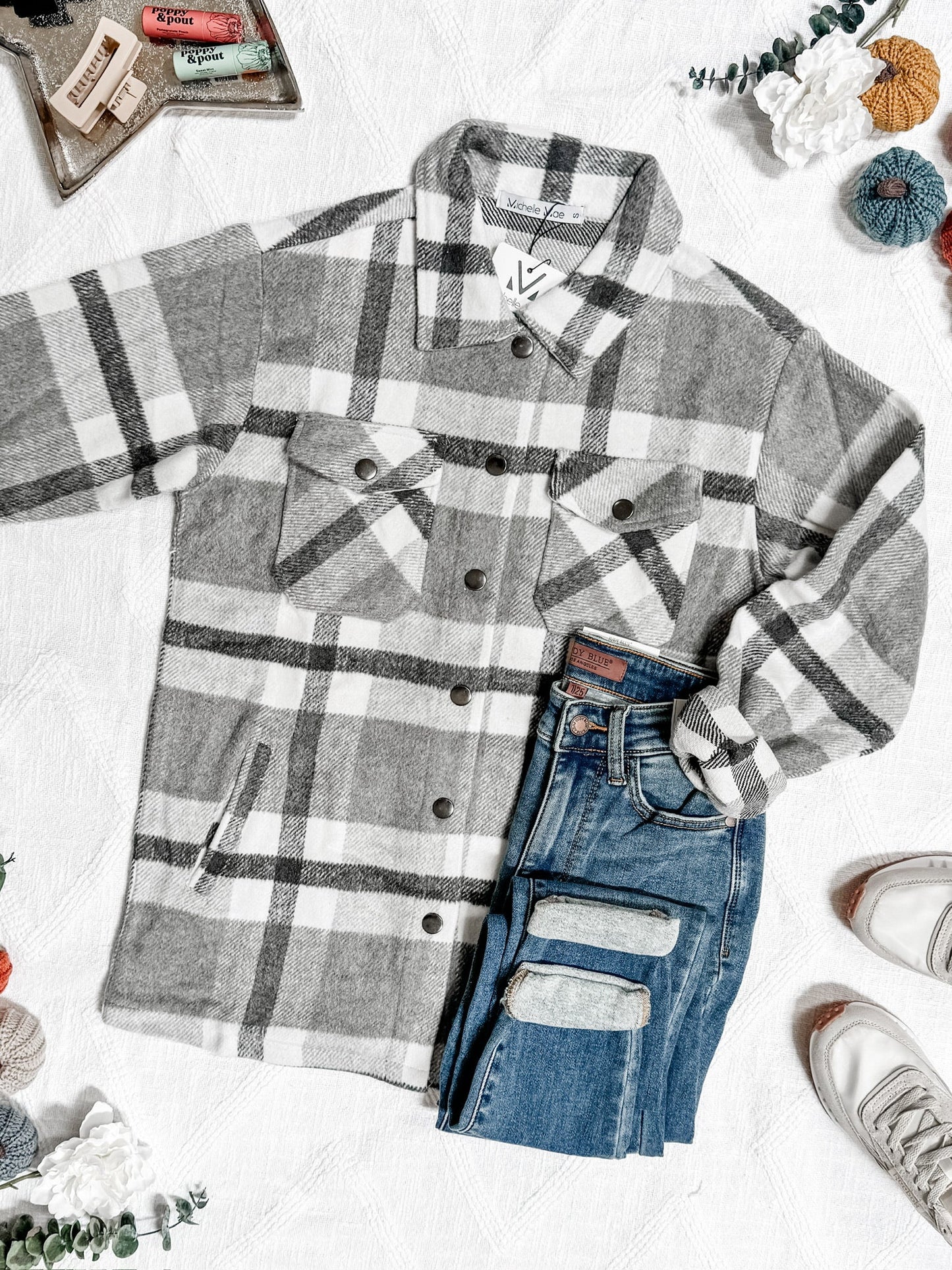 Michelle Mae Norah Plaid Shacket - Classic Grey and White