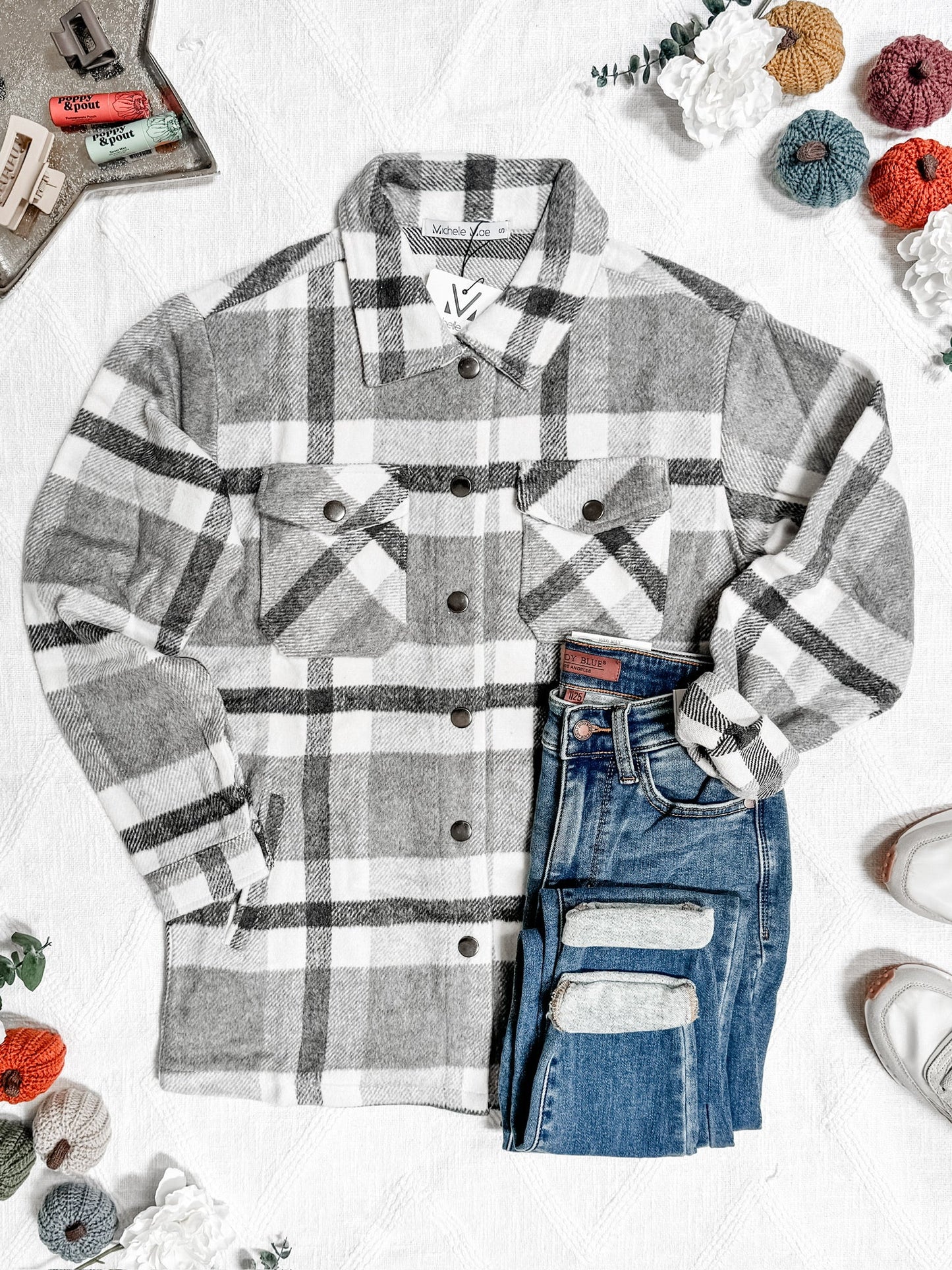 Michelle Mae Norah Plaid Shacket - Classic Grey and White