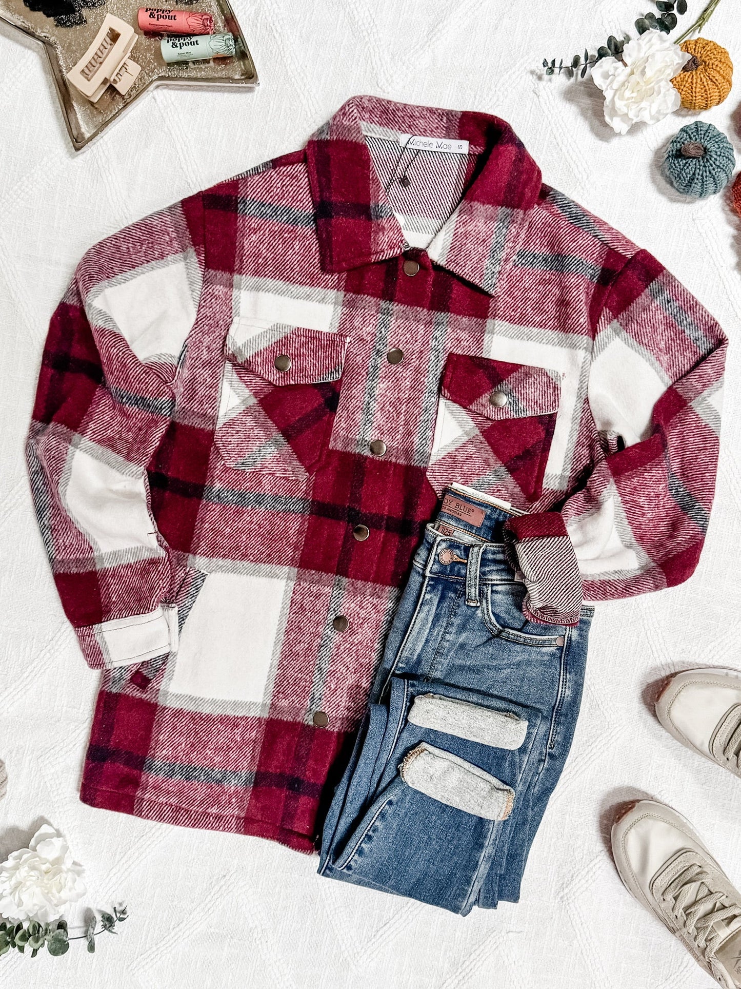 Michelle Mae Norah Plaid Shacket - Merlot and Grey Mix