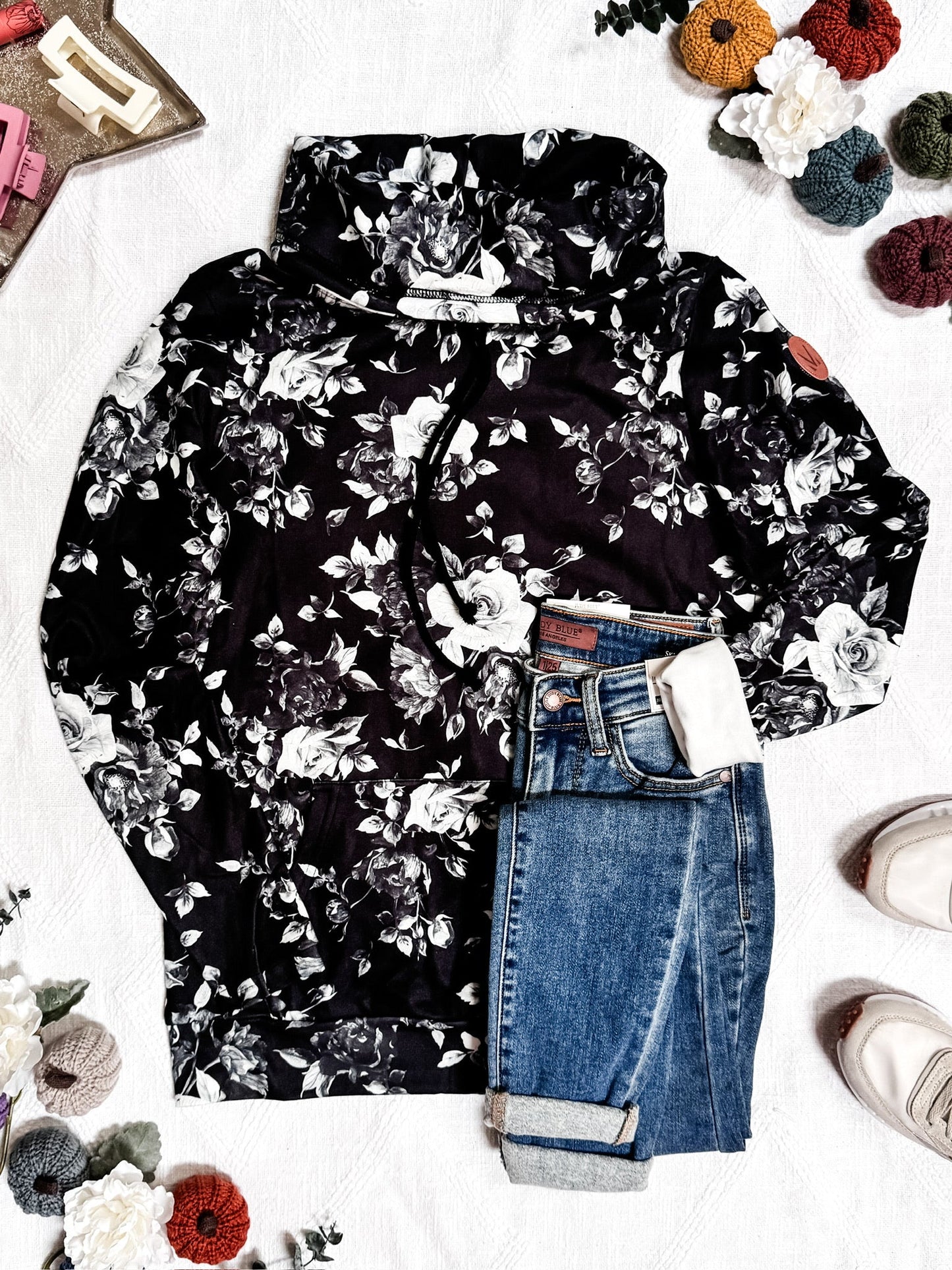 Michelle Mae Soft Funnel Neck - Black Floral