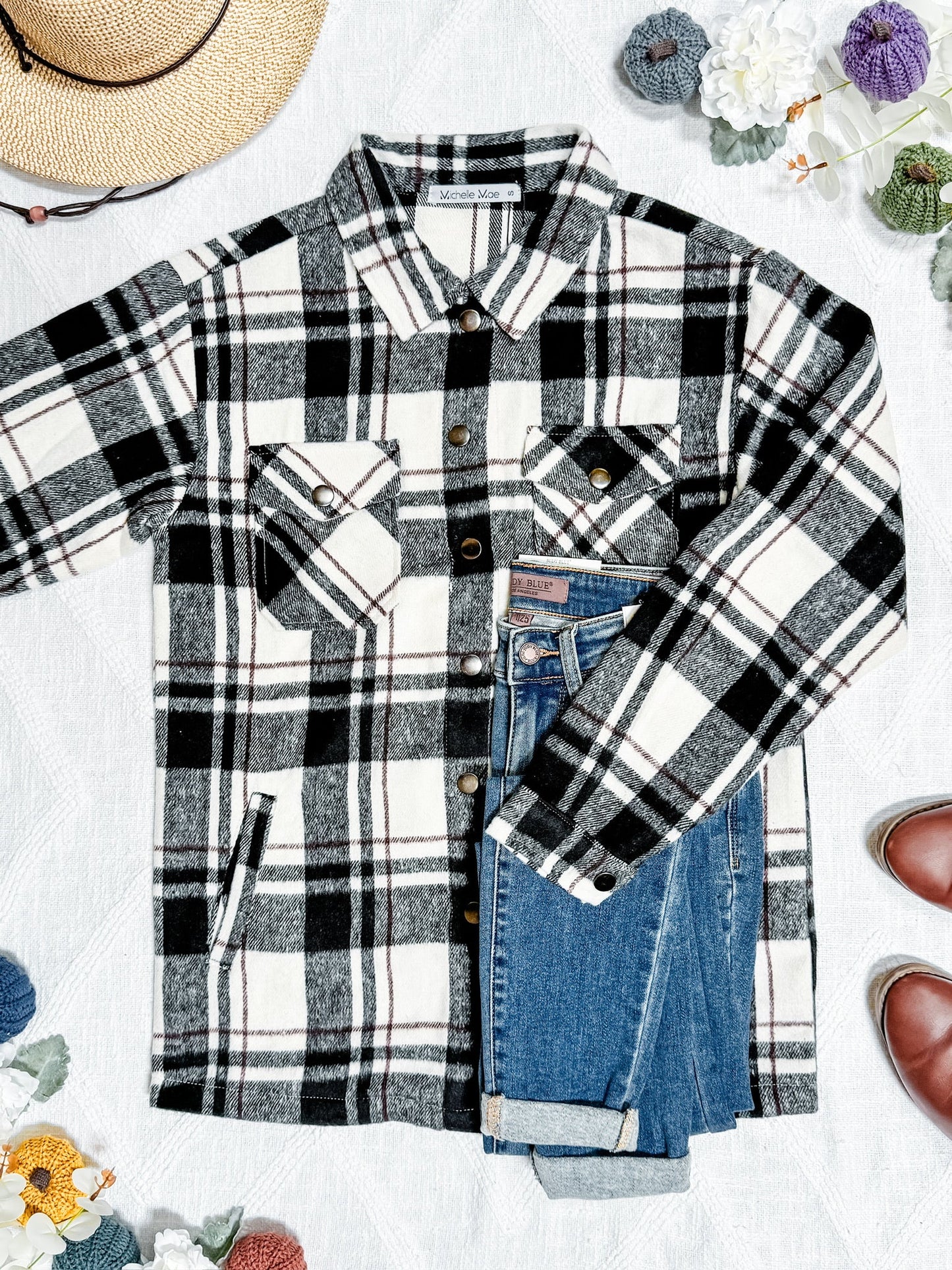 Michelle Mae Norah Plaid Shacket - White and Black