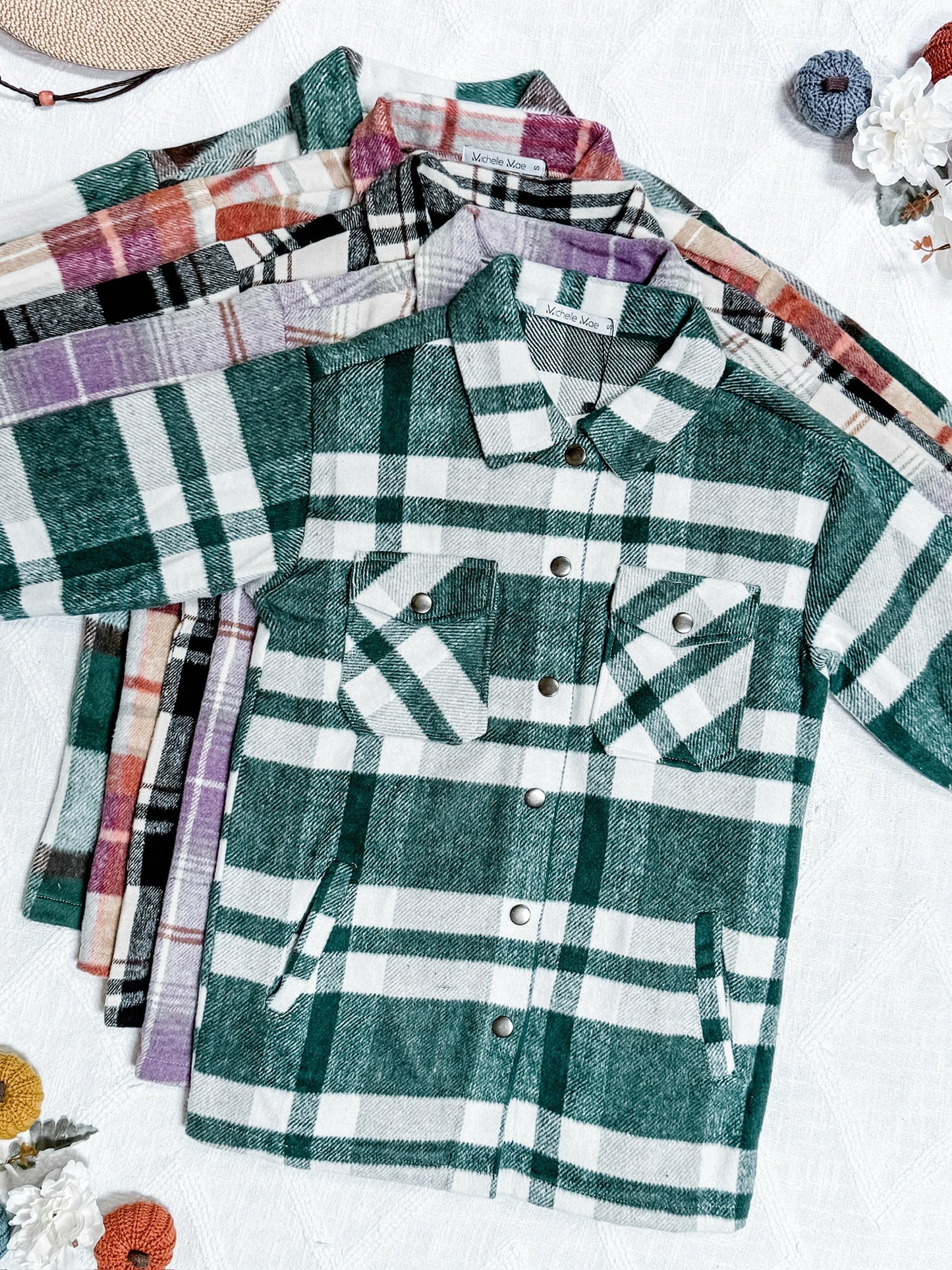 Michelle Mae Norah Plaid Shacket - Classic Green and Grey Mix