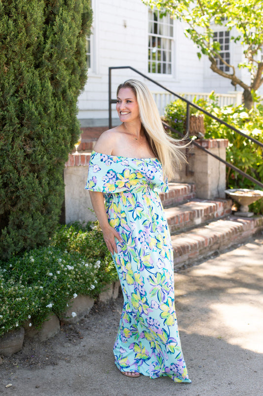 Michelle Mae Oakley Off The Shoulder Maxi Dress - Mint Floral