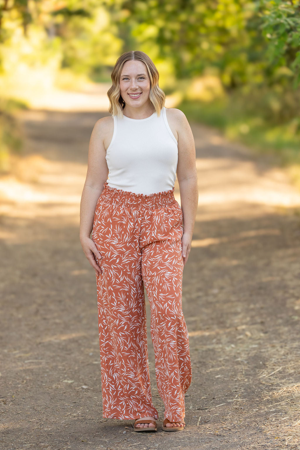 Michelle Mae Presley Palazzo Pants - Rust Leaves