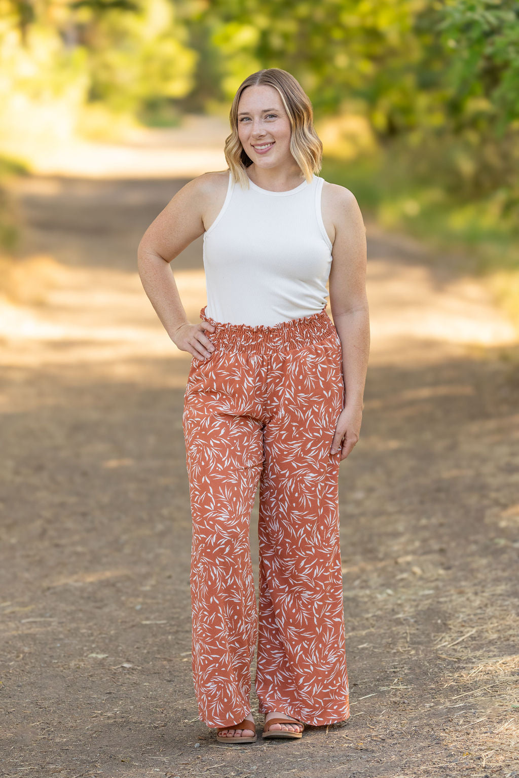 Michelle Mae Presley Palazzo Pants - Rust Leaves