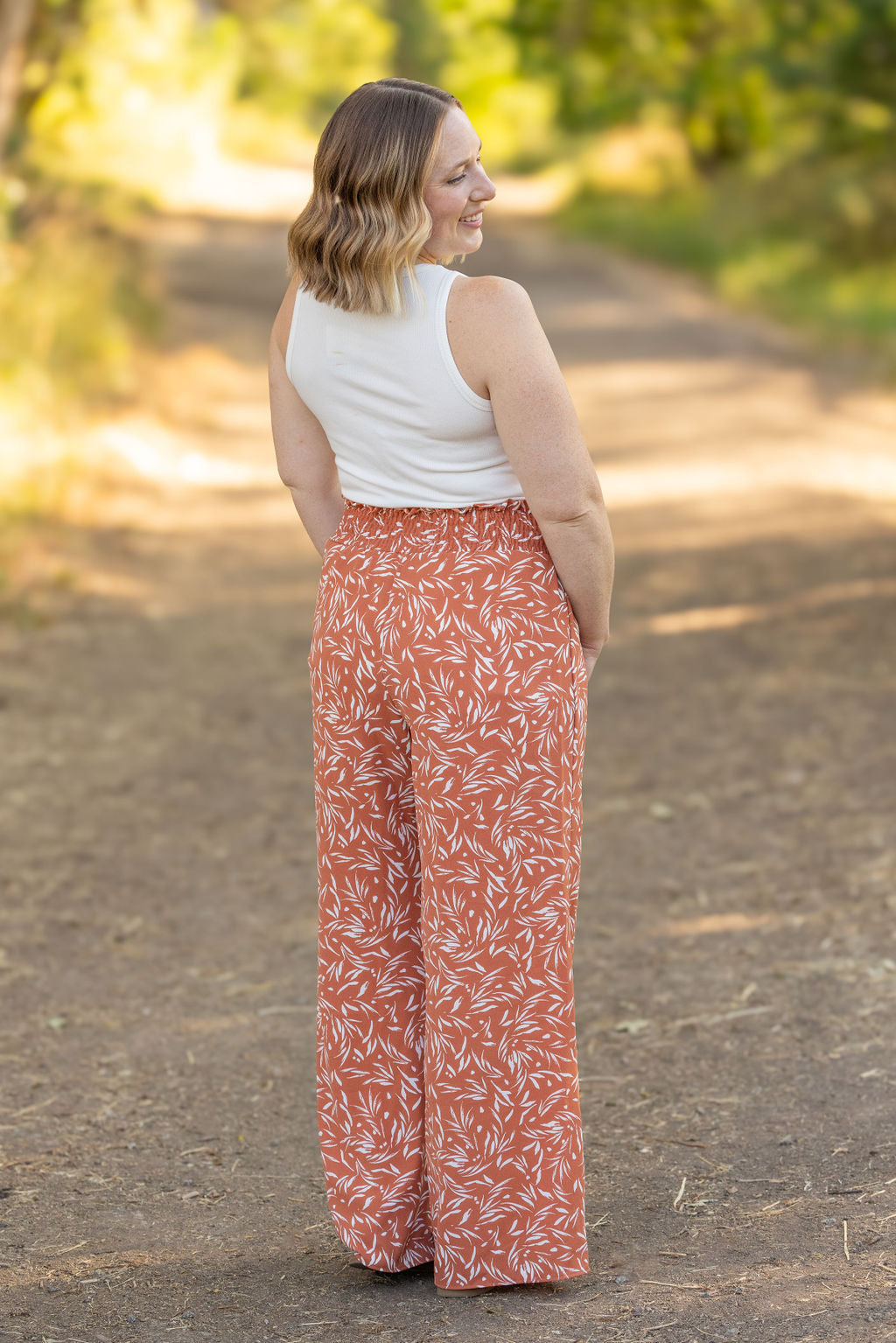 Michelle Mae Presley Palazzo Pants - Rust Leaves