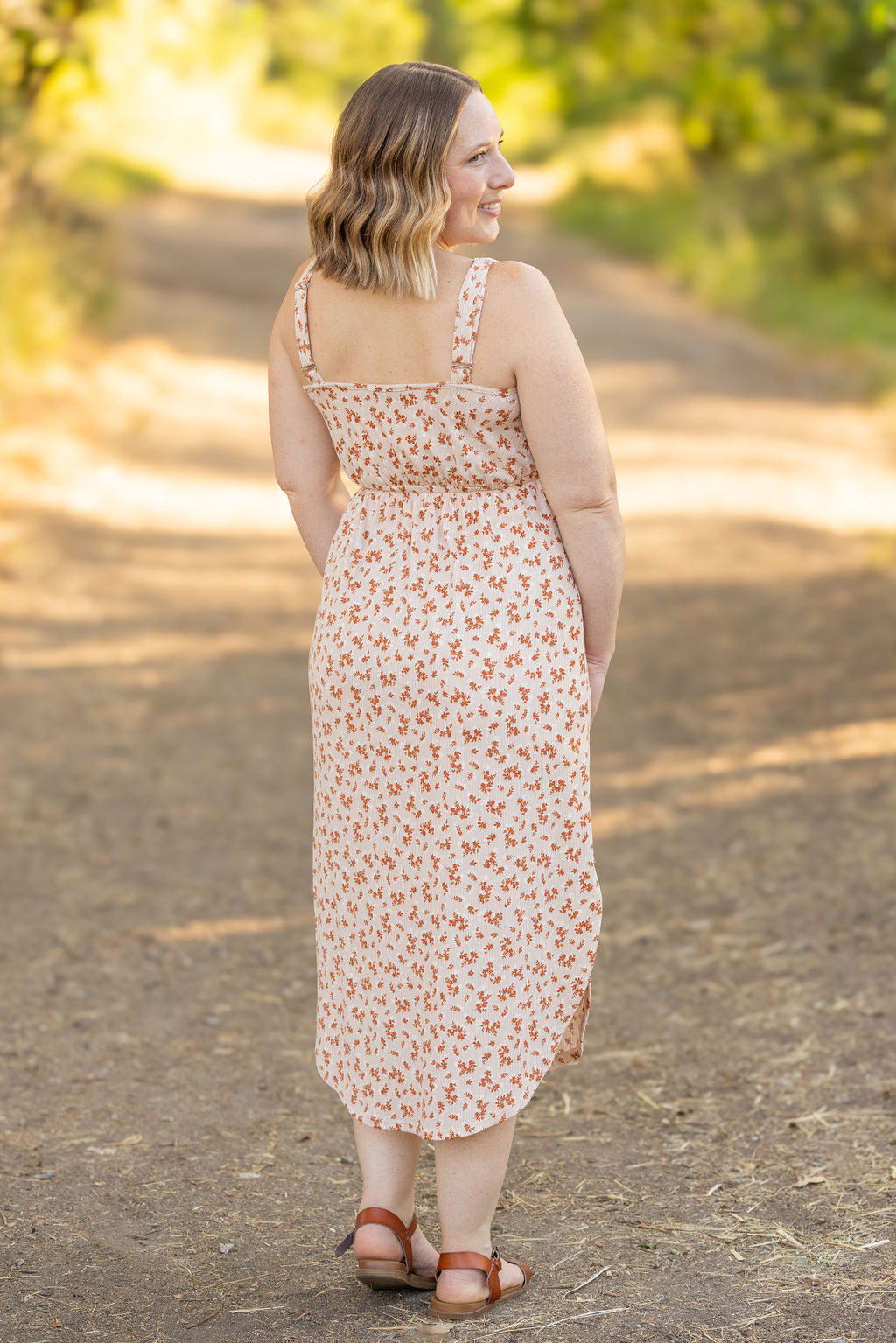 Michelle Mae Reagan Ribbed Midi Dress - Sand and Rust Floral