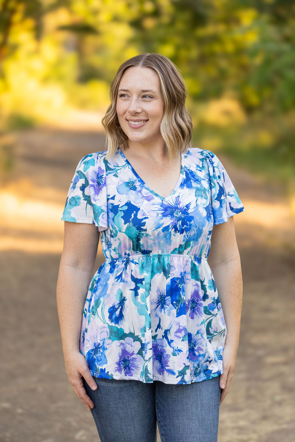 Michelle Mae Emery Ruffle Top - Blue Floral Mix