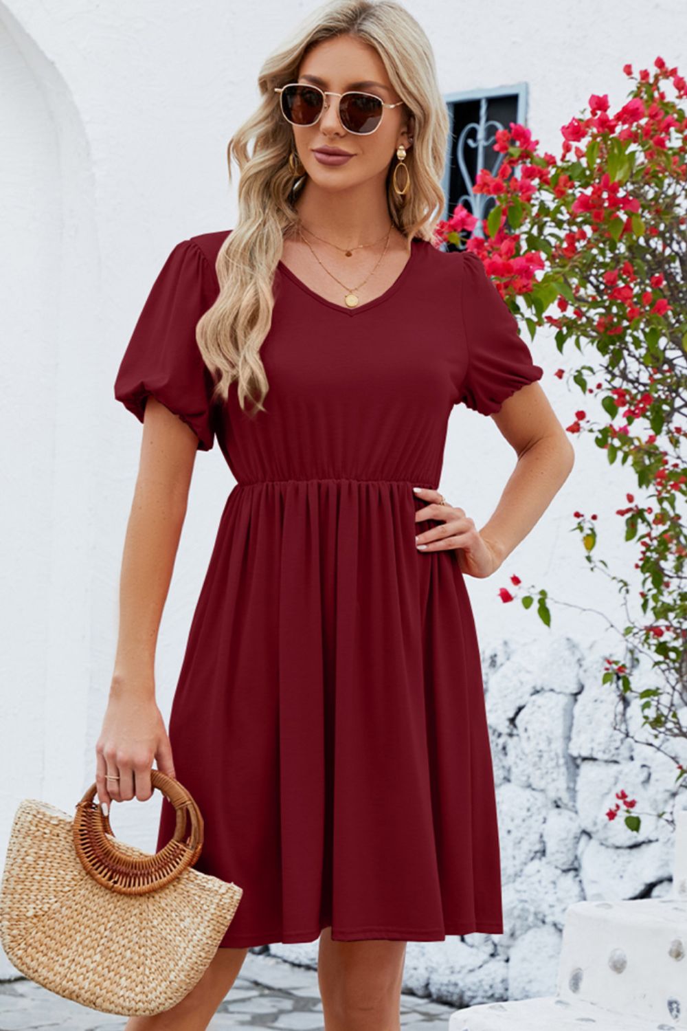 PREORDER- V-Neck Balloon Short Sleeve Dress