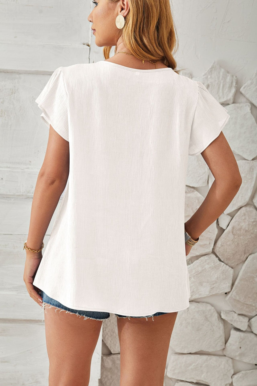PREORDER- Ruched V-Neck Flounce Sleeve Blouse