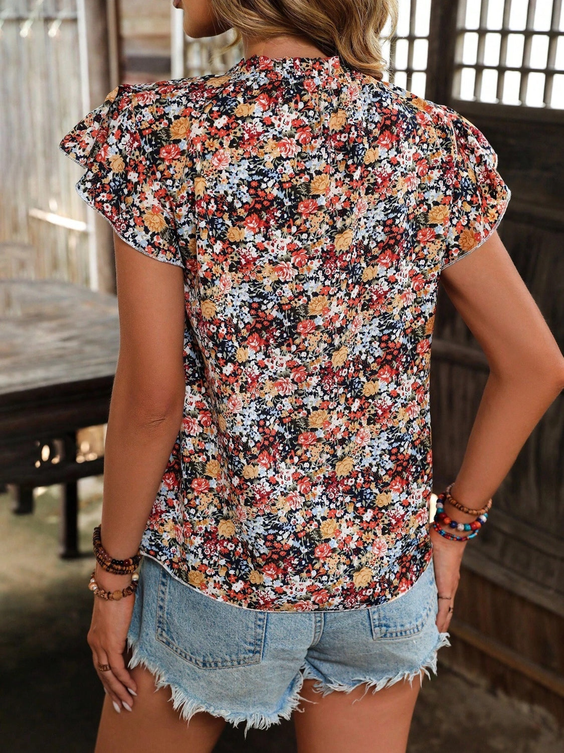 PREORDER- Floral Notched Cap Sleeve Blouse