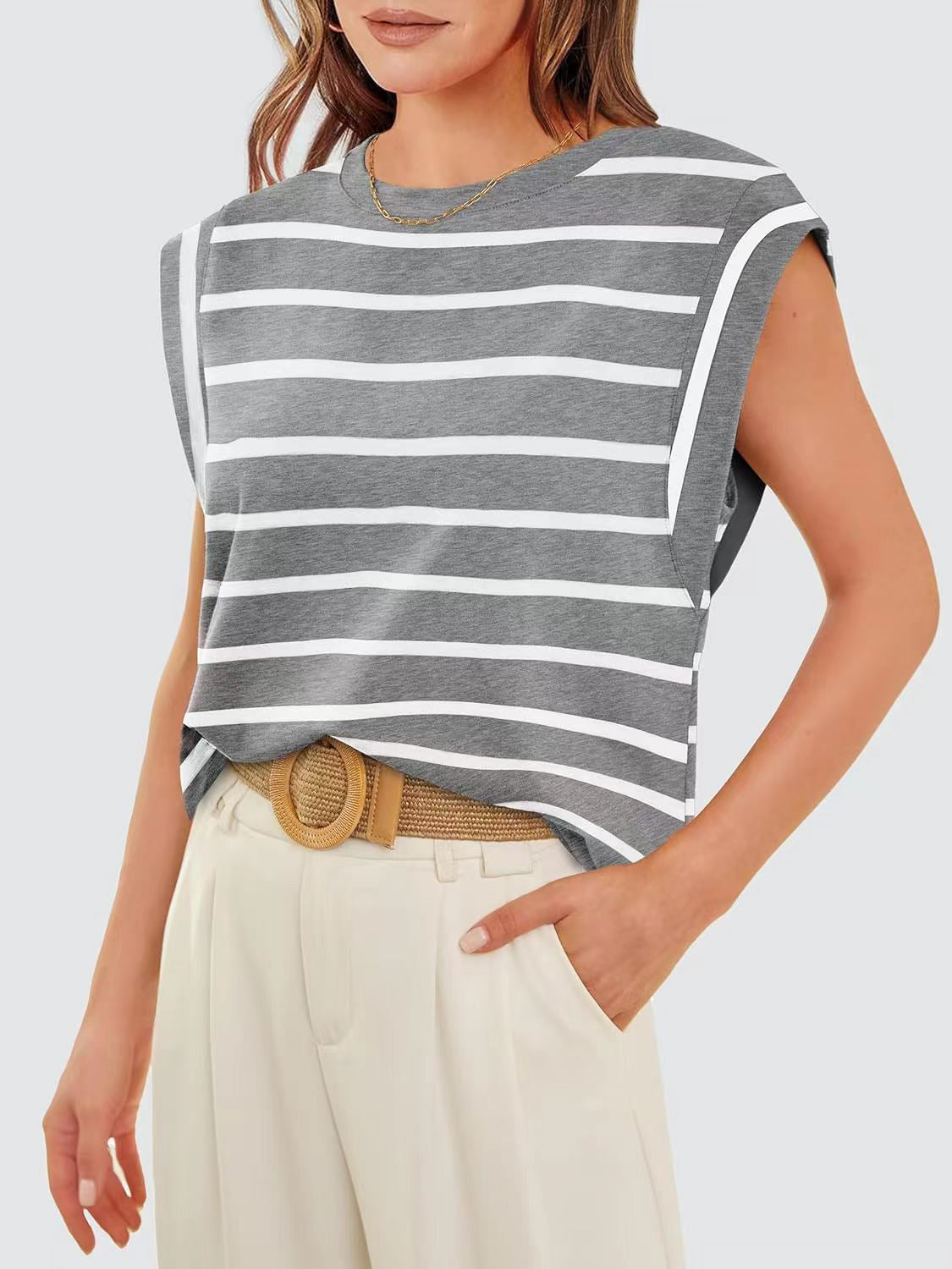 PREORDER- Striped Round Neck Cap Sleeve T-Shirt