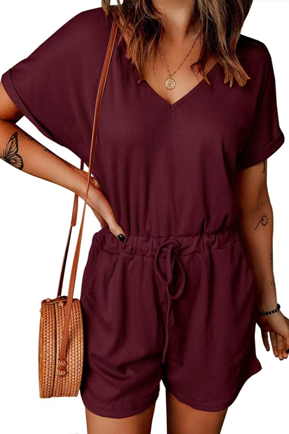 PREORDER- Full Size Drawstring V-Neck Short Sleeve Romper